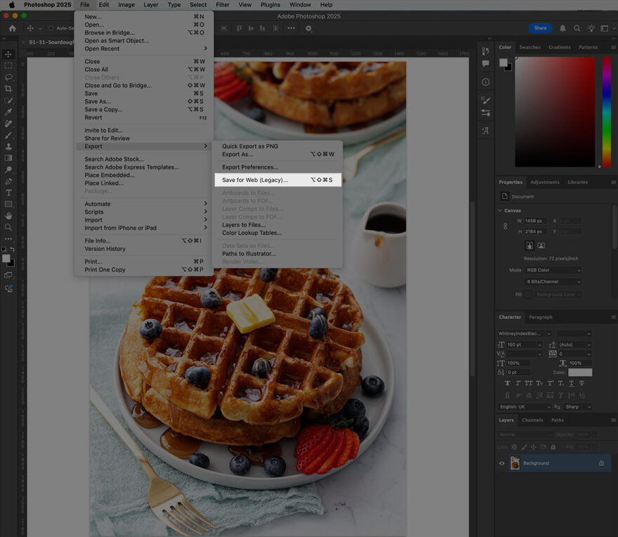 Screenshot of the Export > Save for Web selection in photoshop.